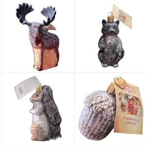 old world christmas vintage woodland 4pc set squirrel bear acorn & moose DAMAGED